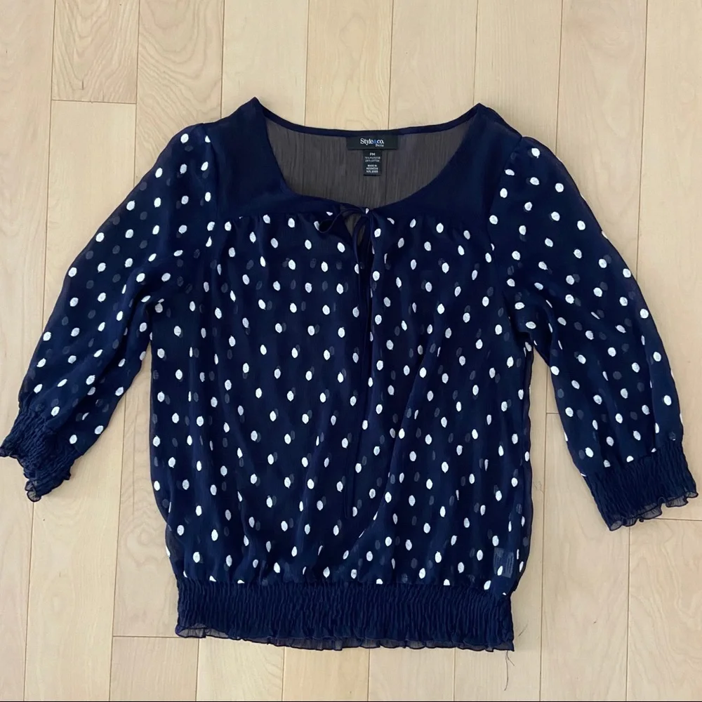 Style & Co Navy Polka Dot Sheer Shirt - Picture 1 of 3